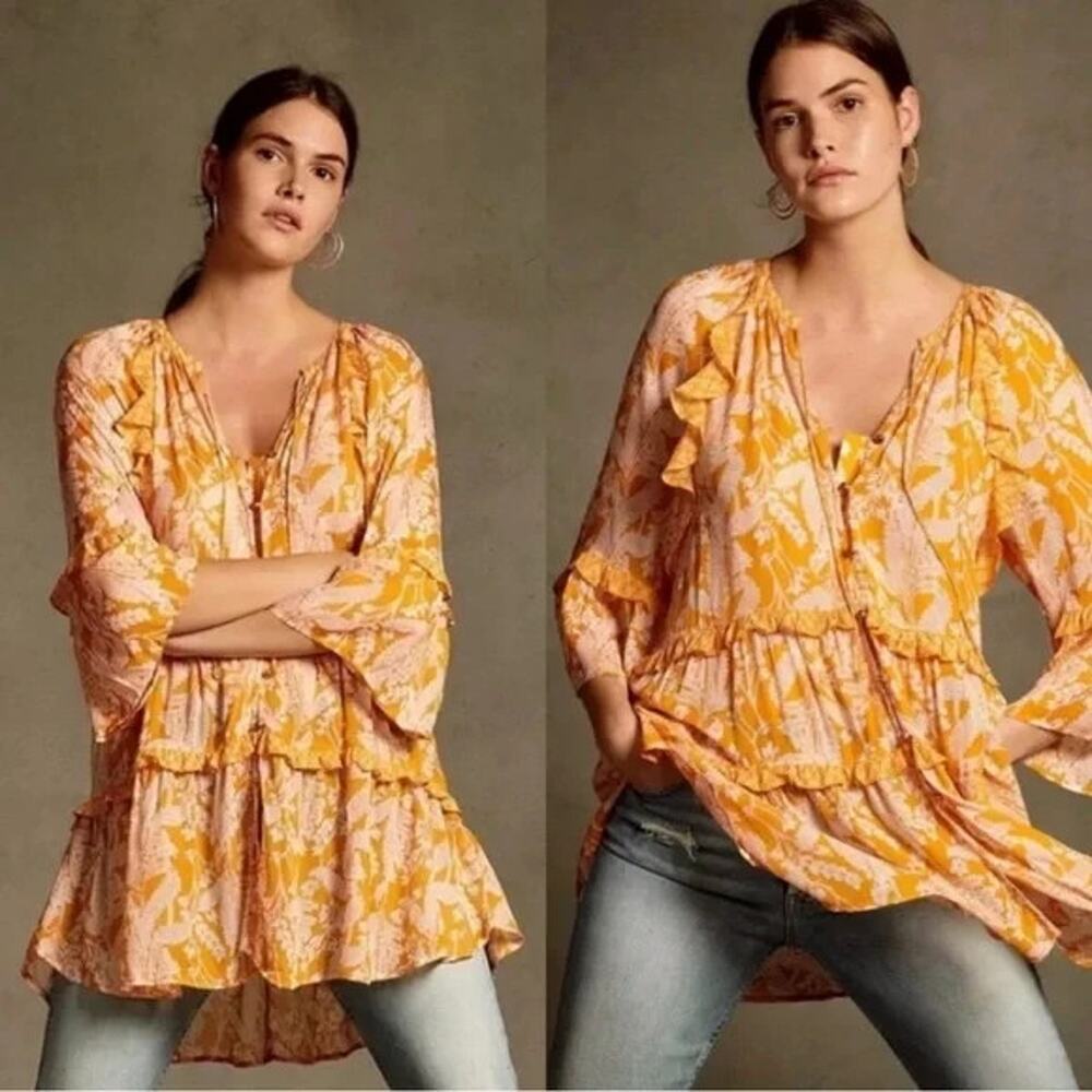 Anthropologie Mia Orange Tiered Floral Ruffle Tunic Blouse XS New
